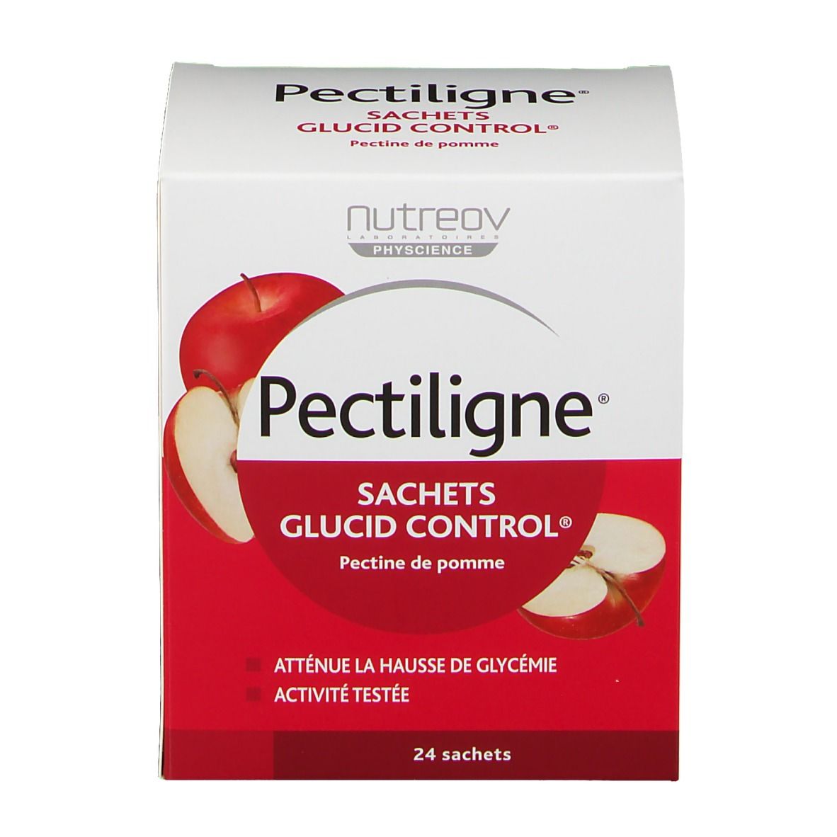 Boîte Pectiligne Sachets Glucid Control, pectine de pomme. Emballage rouge et blanc avec illustration de pomme. 24 sachets.