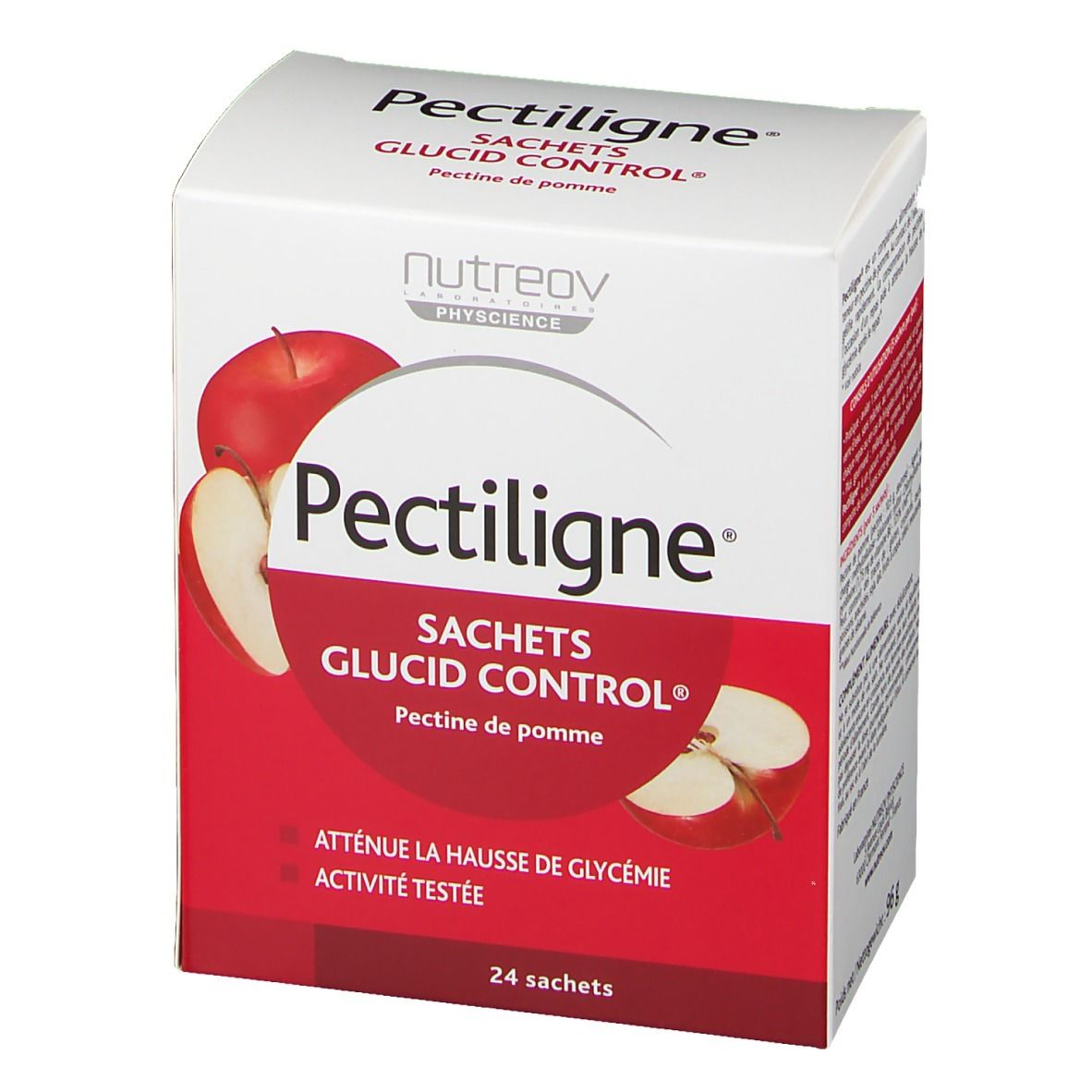 Boîte Pectiligne Sachets Glucid Control, pectine de pomme. Emballage rouge et blanc avec illustration de pomme. 24 sachets.