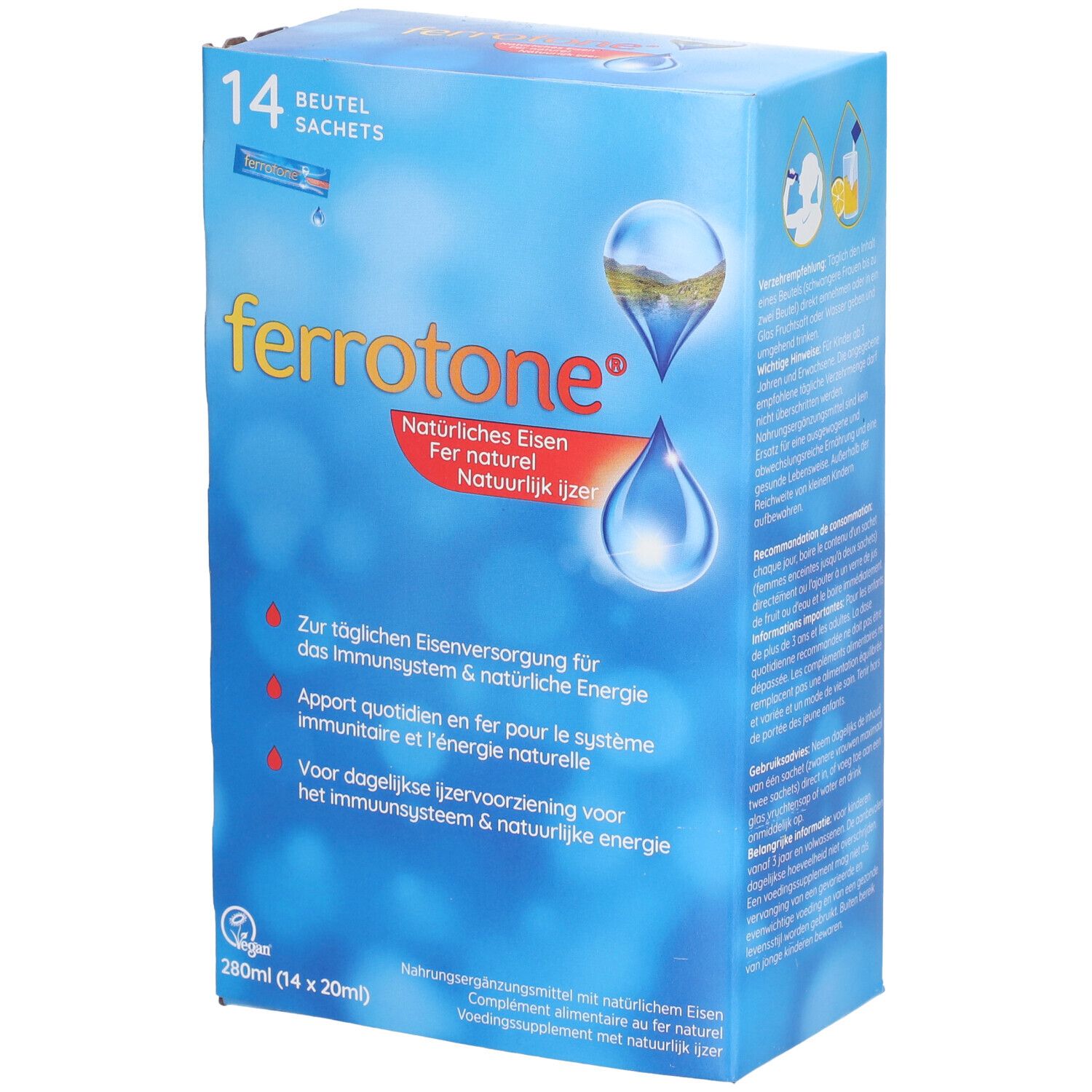 Blau-weiße Verpackung mit "ferrotone®"-Logo. Enthält 14 Beutel. Text: Natürliches Eisen, für Immunsystem & Energie.
