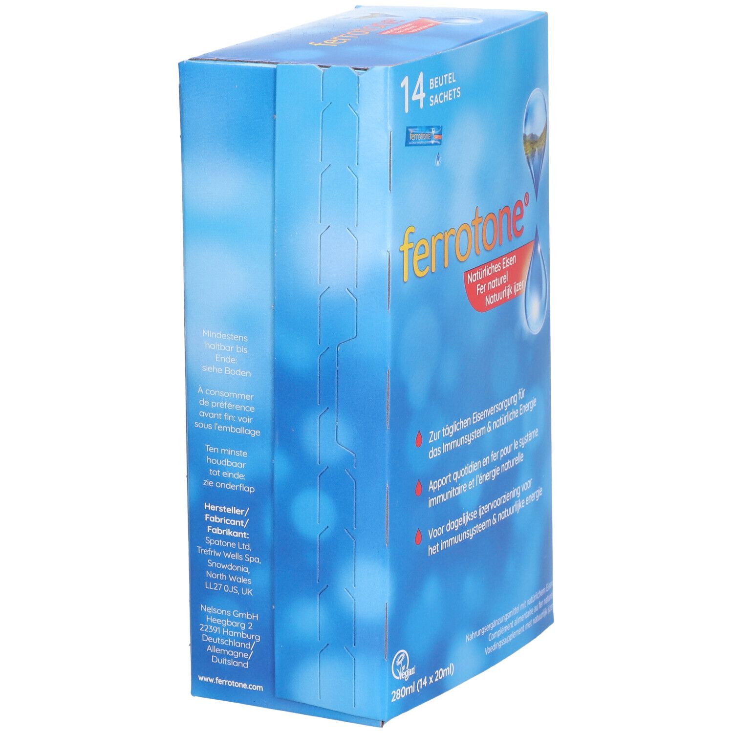 Blaue Verpackung, "ferrotone®"-Logo. Enthält 14 Beutel. Text: Natürliches Eisen, für Immunsystem & Energie. Seitenansicht.