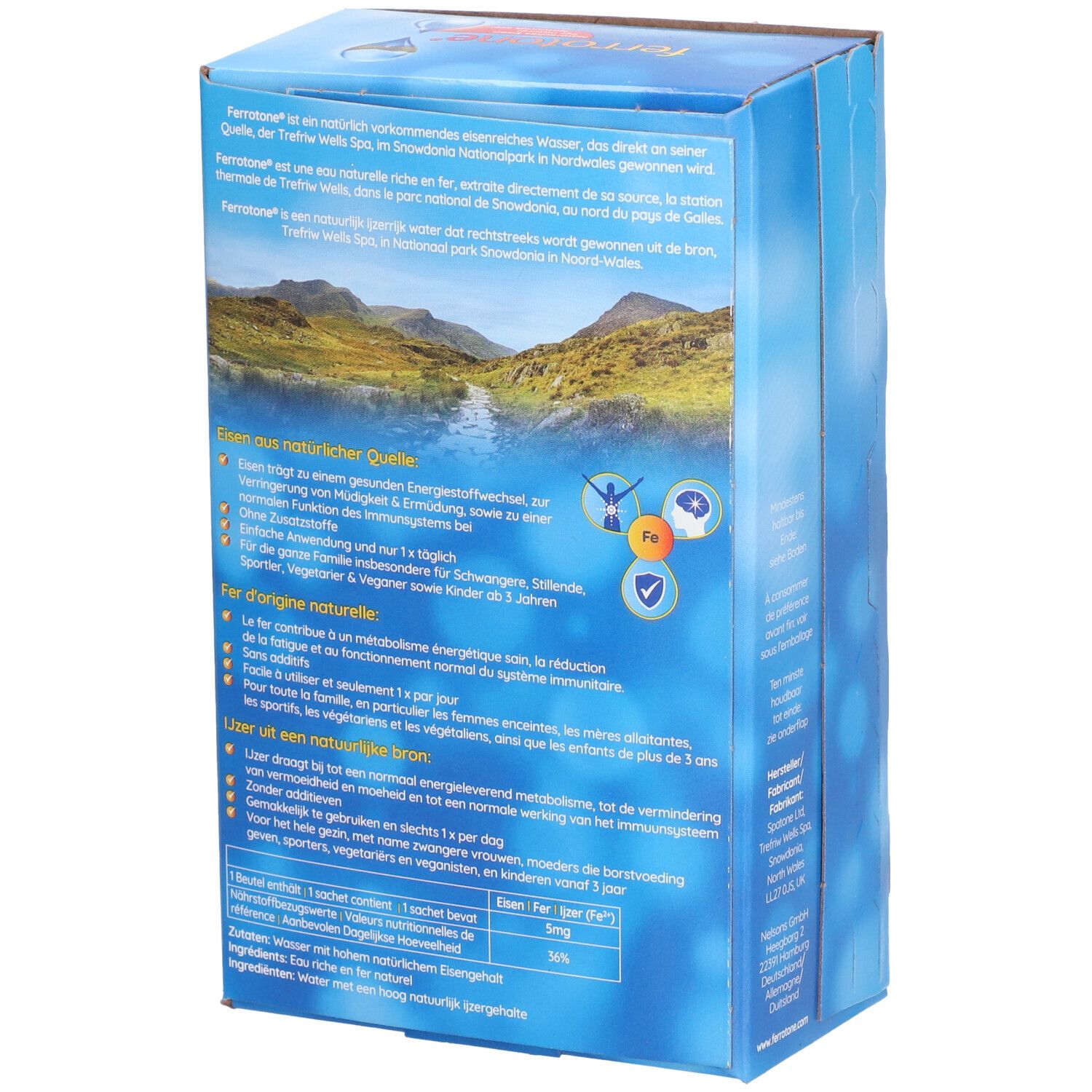 Rückseite der "ferrotone®"-Verpackung. Text über natürliche Quelle, Eisen, und Inhaltsstoffe. Landschaftsbild im Hintergrund.