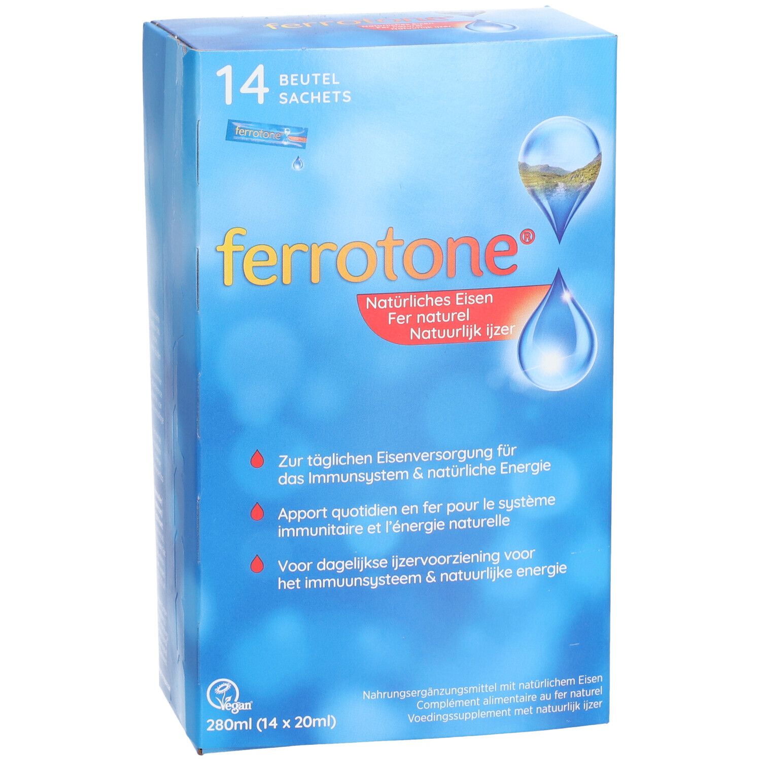 Blaue Verpackung "ferrotone®". Enthält 14 Beutel. Text: Natürliches Eisen, für Immunsystem & Energie. Vorderansicht.