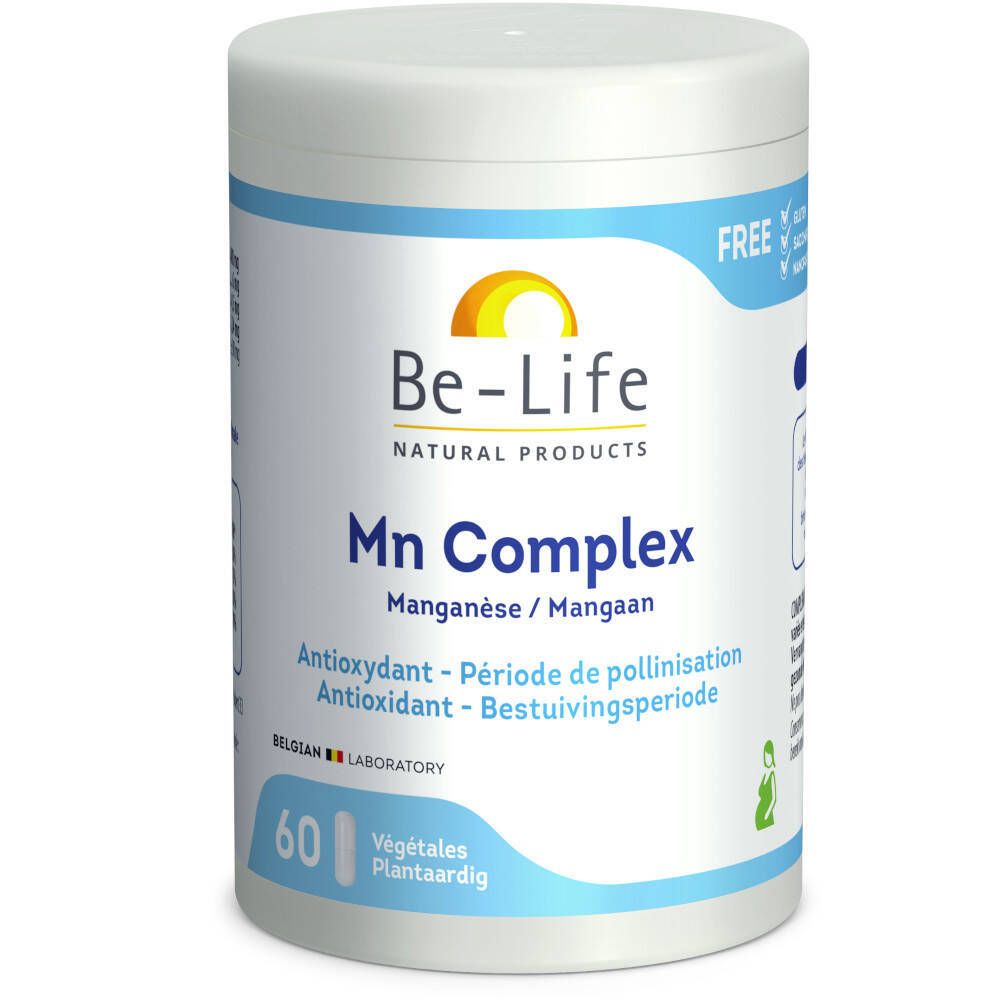 Boîte de Be-Life Mn Complex. Contient 60 gélules. Inscription: Antioxydant, Manganèse. Emballage blanc et bleu.