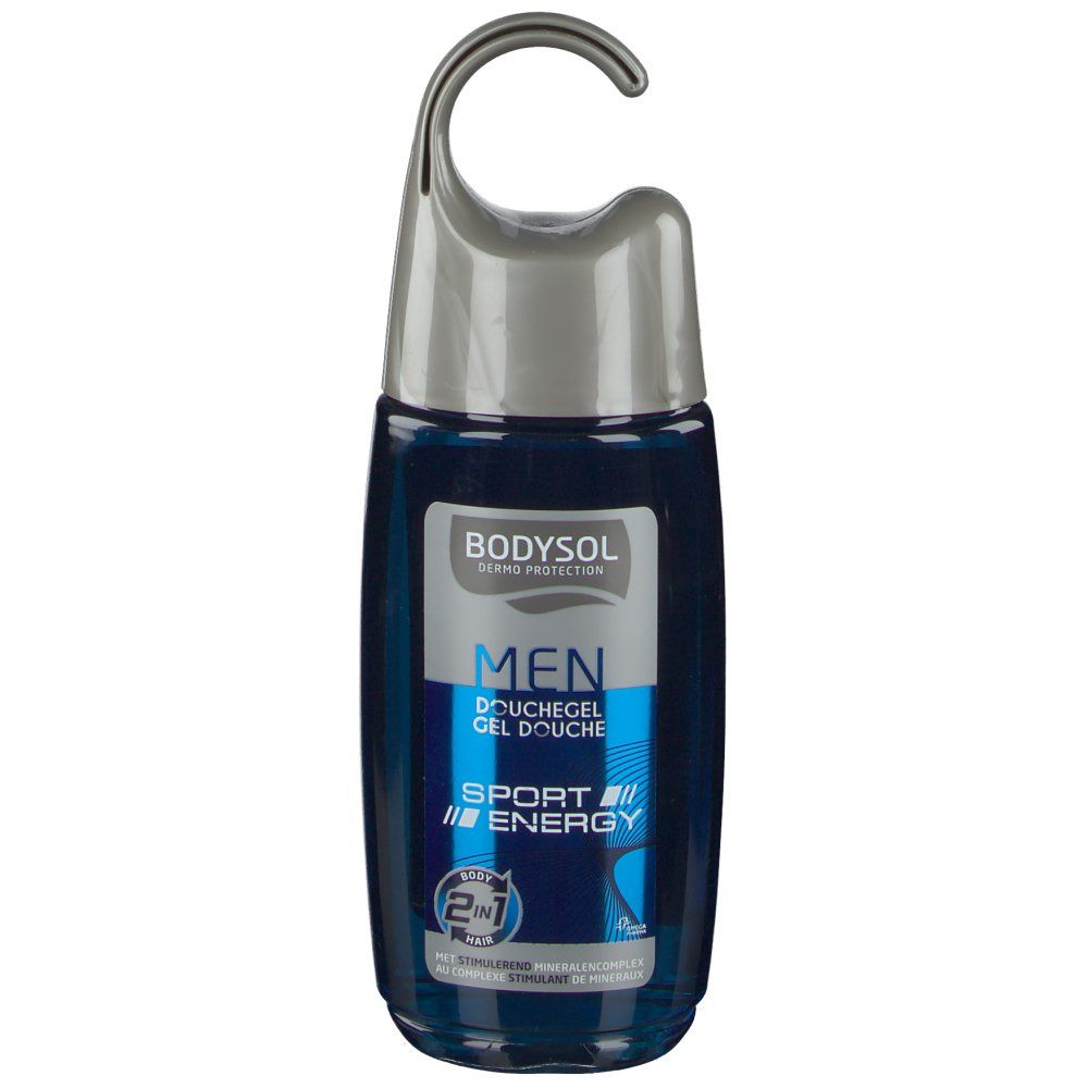 Blau-transparente Duschgel-Flasche mit grauem Aufhänger. Aufschrift: Bodysol Men Gel Douche Sport Energy. 2in1.