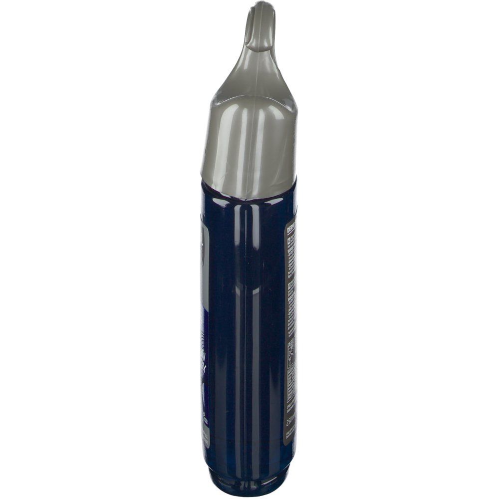 Duschgel-Flasche, blau, mit grauem Aufhänger. Seitenansicht. Text nicht lesbar.