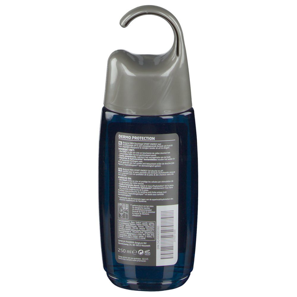 Duschgel-Flasche, blau, mit grauem Aufhänger. Rückseite mit Text. 250 ml.