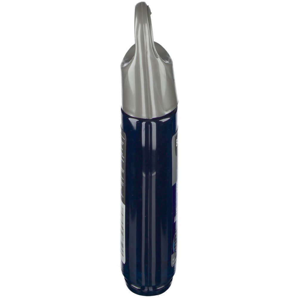 Duschgel-Flasche, blau, mit grauem Aufhänger. Seitenansicht. Text nicht lesbar.