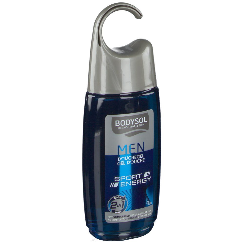 Blau-transparente Duschgel-Flasche mit grauem Aufhänger. Aufschrift: Bodysol Men Gel Douche Sport Energy. 2in1.