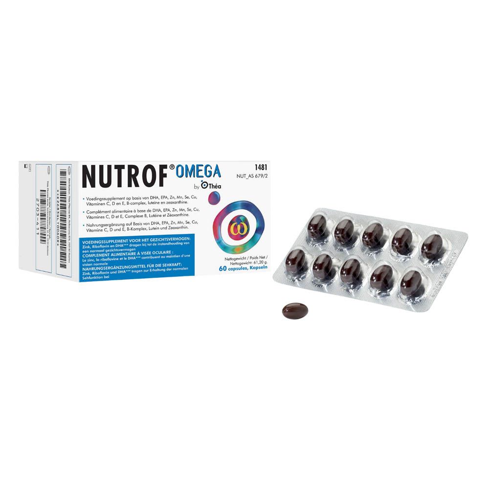 Emballage du produit avec capsules NUTROF® OMEGA et blister. 60 capsules.