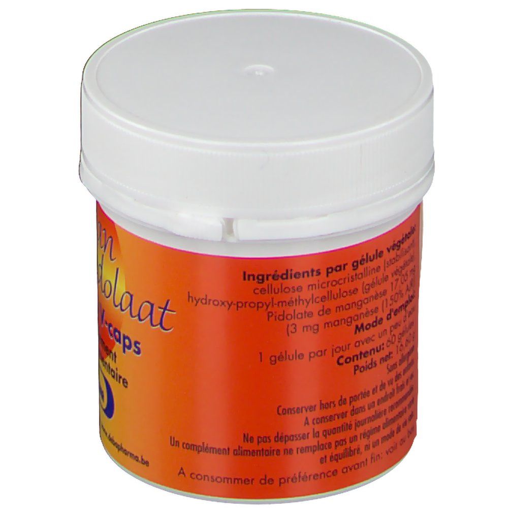 Pot avec étiquette orange. Texte: Ingrédients, 17 mg manganèse. Couvercle blanc. Marque: DeBa Pharma.