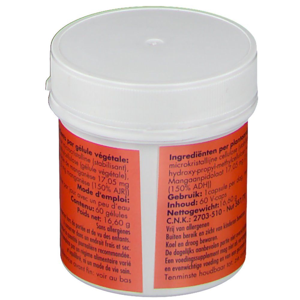 Pot avec étiquette orange. Texte: Ingrédients, 17,05 mg manganèse. Couvercle blanc. 60 gélules.