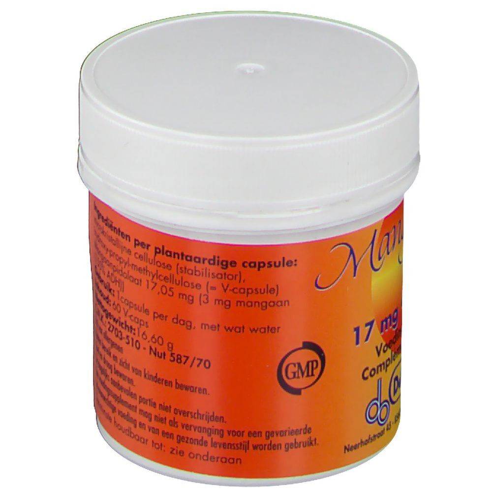 Pot avec étiquette orange. Texte: Ingrédients, 17 mg manganèse. Logo GMP. Couvercle blanc.