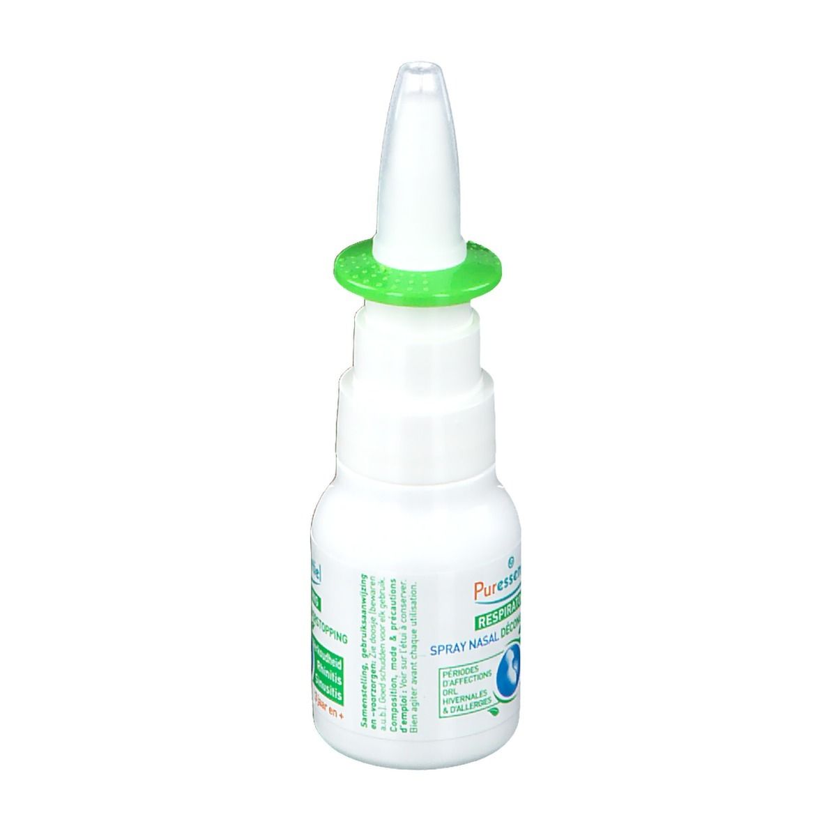Spray nasal blanc avec anneau vert. Nom et logo du produit sur l'étiquette. Inscription : Respiratoire Spray nasal décongestionnant.