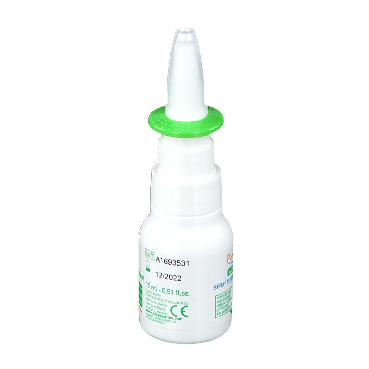 Spray nasal blanc avec anneau vert. Nom et logo du produit sur l'étiquette. Inscription : Respiratoire Spray nasal décongestionnant.