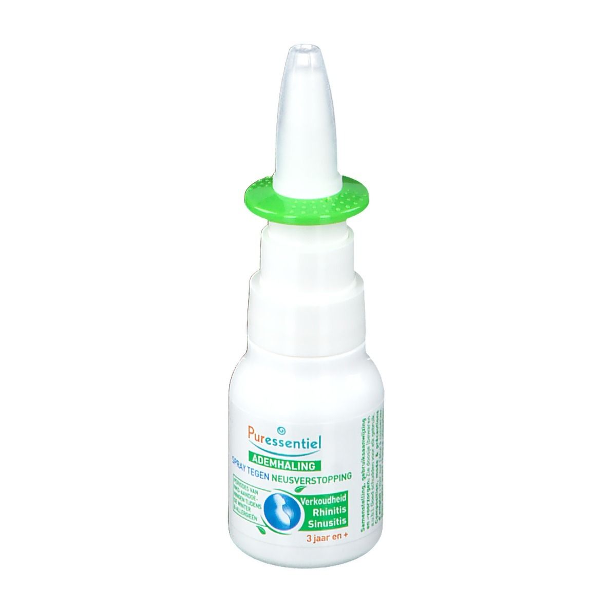 Spray nasal blanc avec anneau vert. Nom et logo du produit sur l'étiquette. Inscription : Respiratoire Spray nasal décongestionnant.