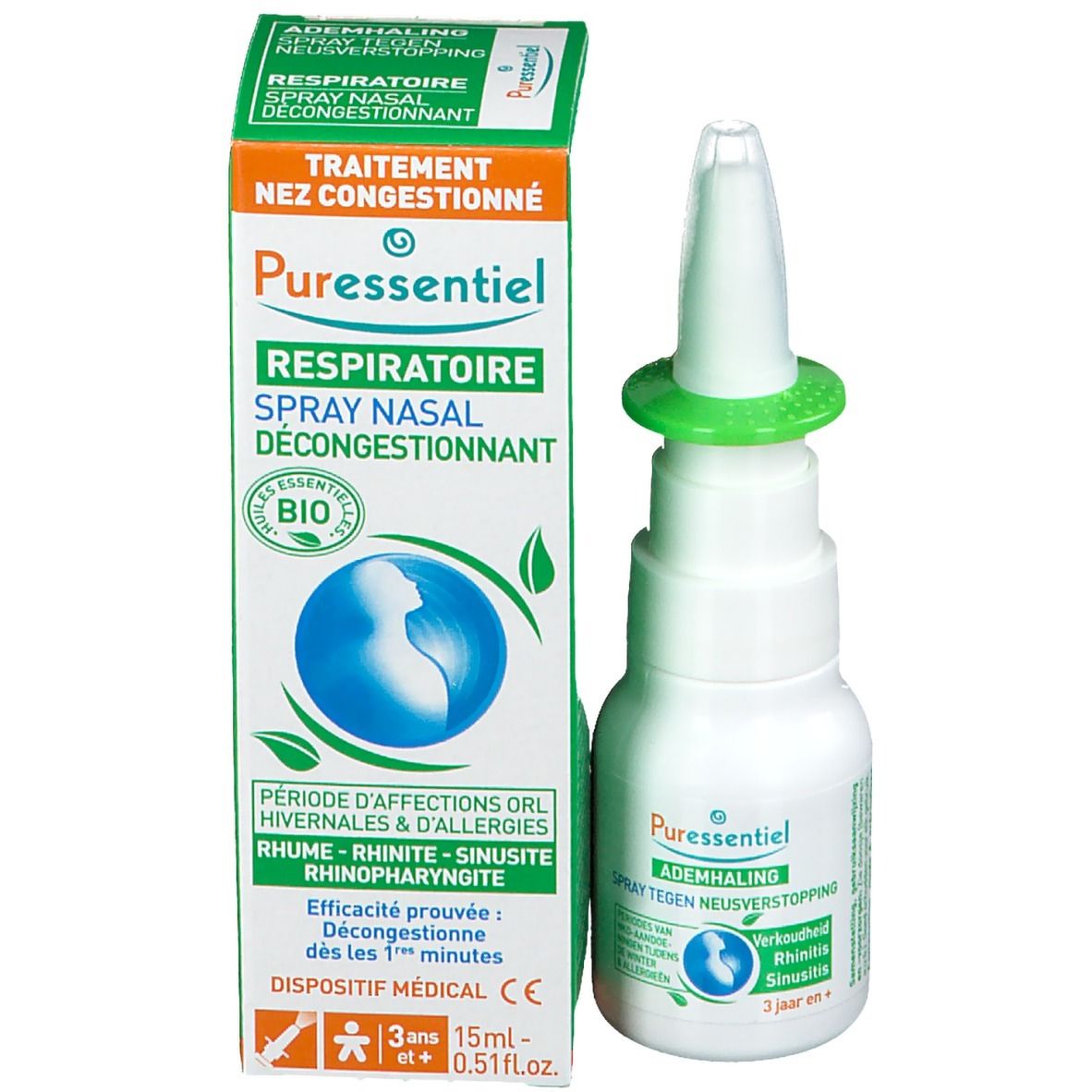 Spray nasal et emballage. Spray blanc avec anneau vert. Emballage vert et blanc avec nom et logo du produit.