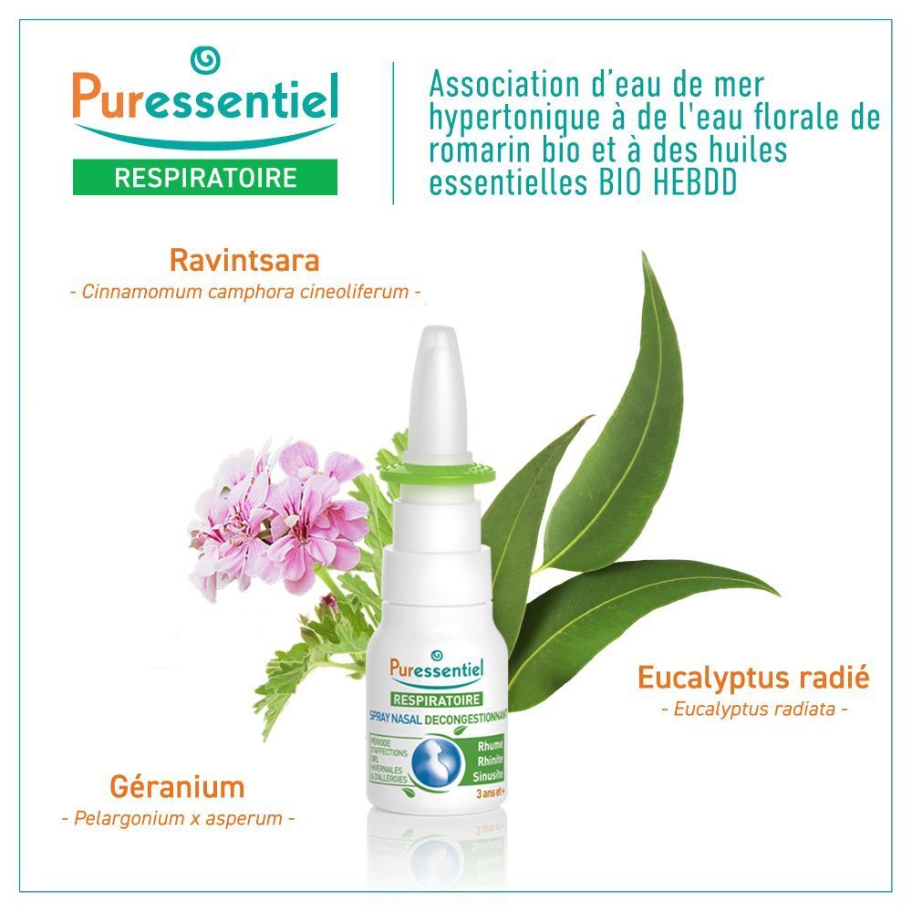 Puressentiel Spray nasal décongestionnant hypertonique, 15ml. Flacon spray blanc avec anneau vert et embout blanc.