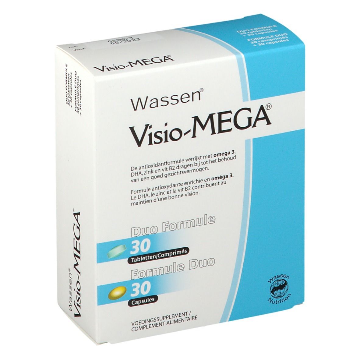 Visio-MEGA®-Verpackung. Duo-Formel mit 30 Tabletten und 30 Kapseln. Blaue und weiße Schachtel mit Produktnamen und Logo.
