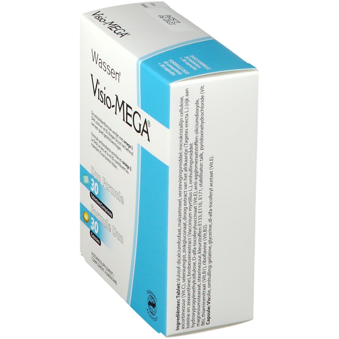 Visio-MEGA®-Verpackung, Seitenansicht. Enthält Informationen zu Inhaltsstoffen und Nährwerten. Weiße und blaue Schachtel.
