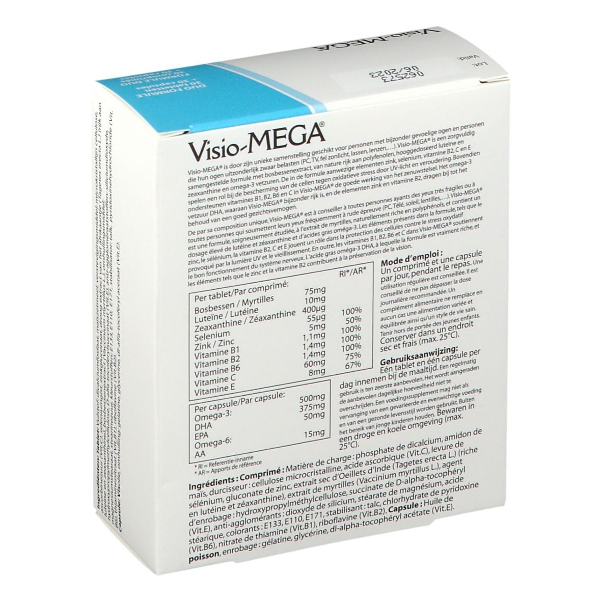 Visio-MEGA®-Verpackung, Rückseite. Enthält Informationen zur Anwendung und Nährwertangaben. Weiße und blaue Schachtel.