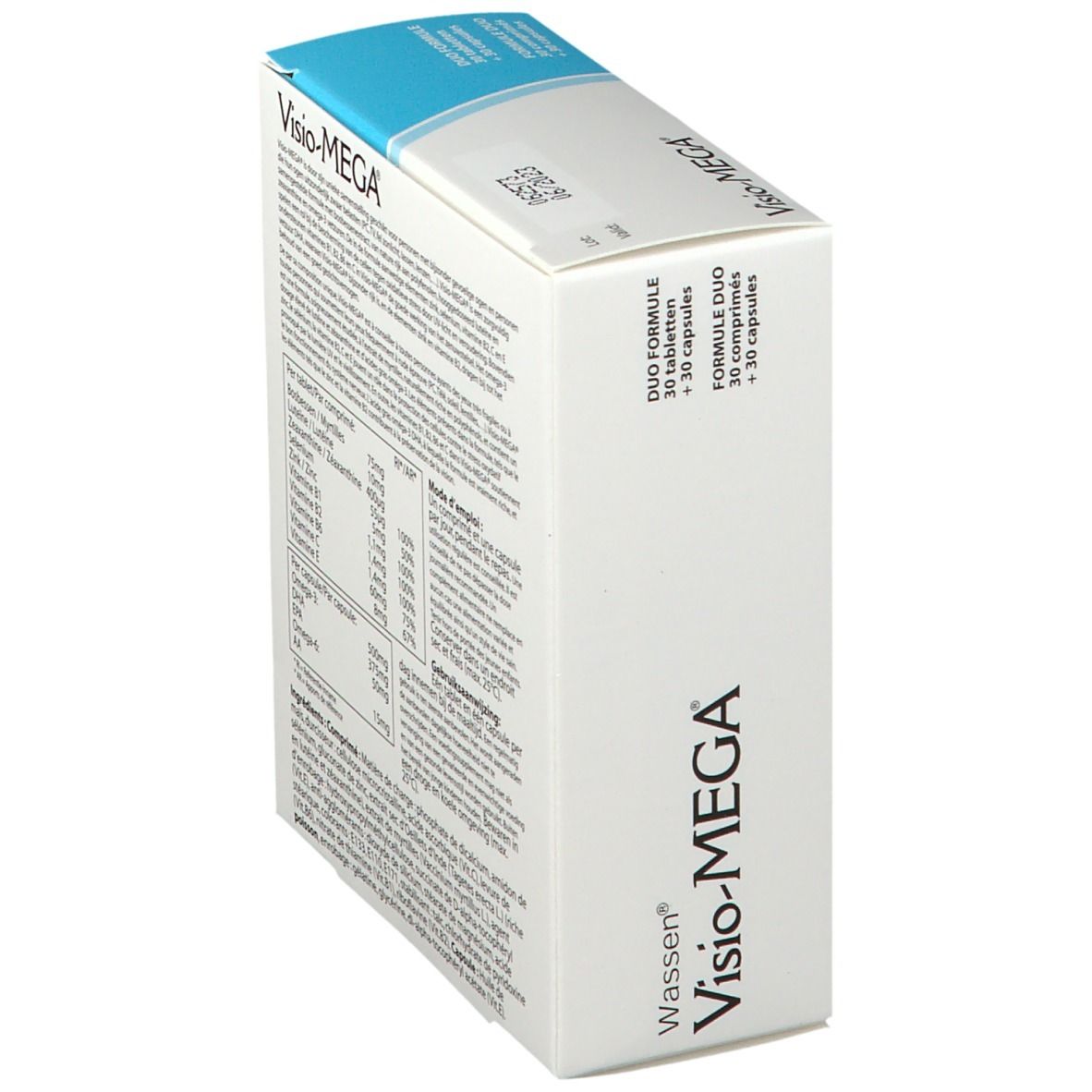 Visio-MEGA®-Verpackung, schräge Ansicht. Enthält Produktnamen und Informationen. Weiße und blaue Schachtel.