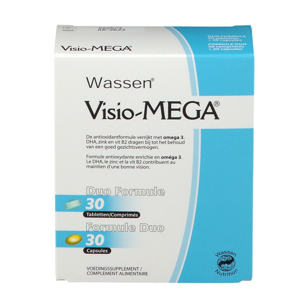 Visio-MEGA®-Verpackung. Duo-Formel mit 30 Tabletten und 30 Kapseln. Blaue und weiße Schachtel mit Produktnamen und Logo.