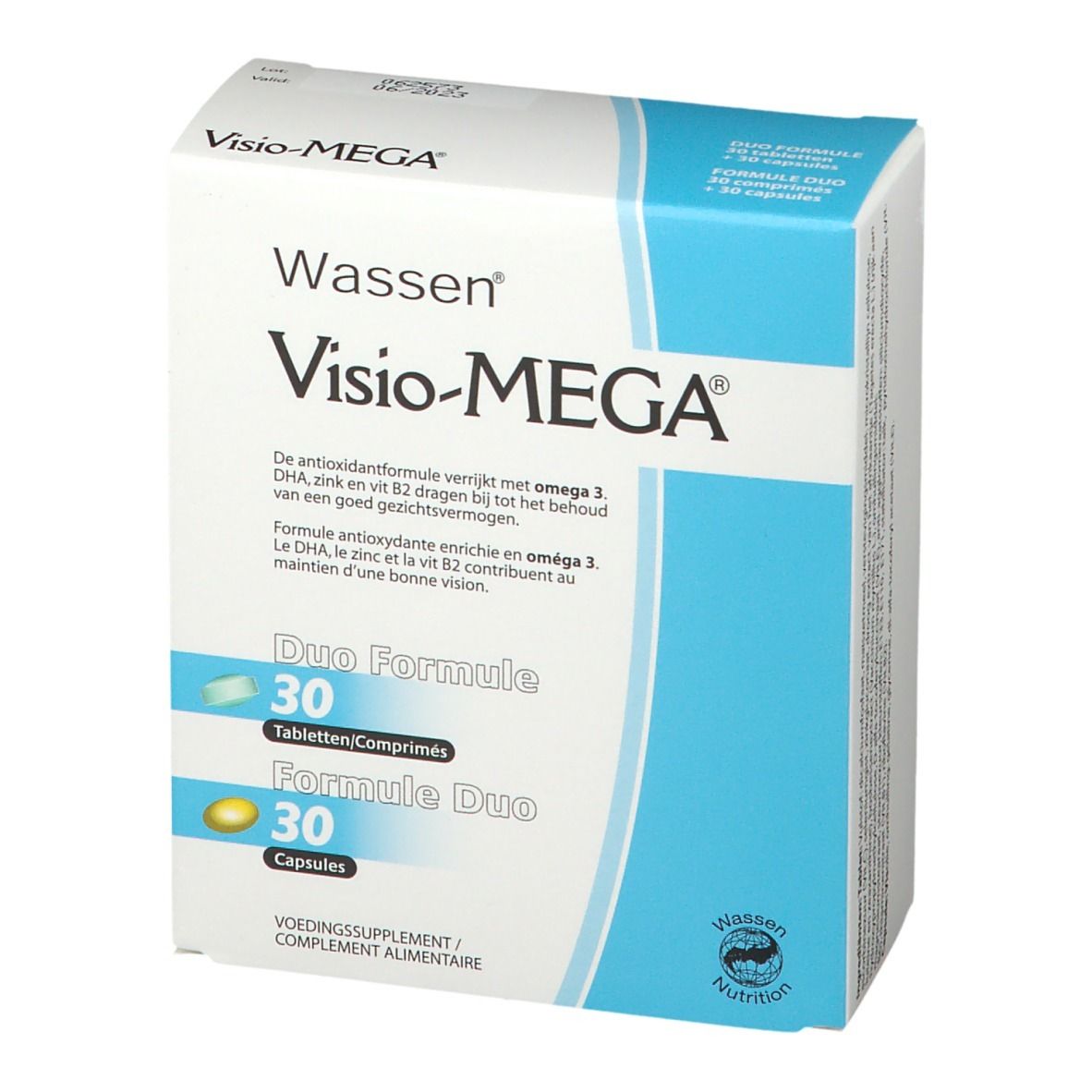 Visio-MEGA®-Verpackung. Duo-Formel mit 30 Tabletten und 30 Kapseln. Blaue und weiße Schachtel mit Produktnamen und Logo.