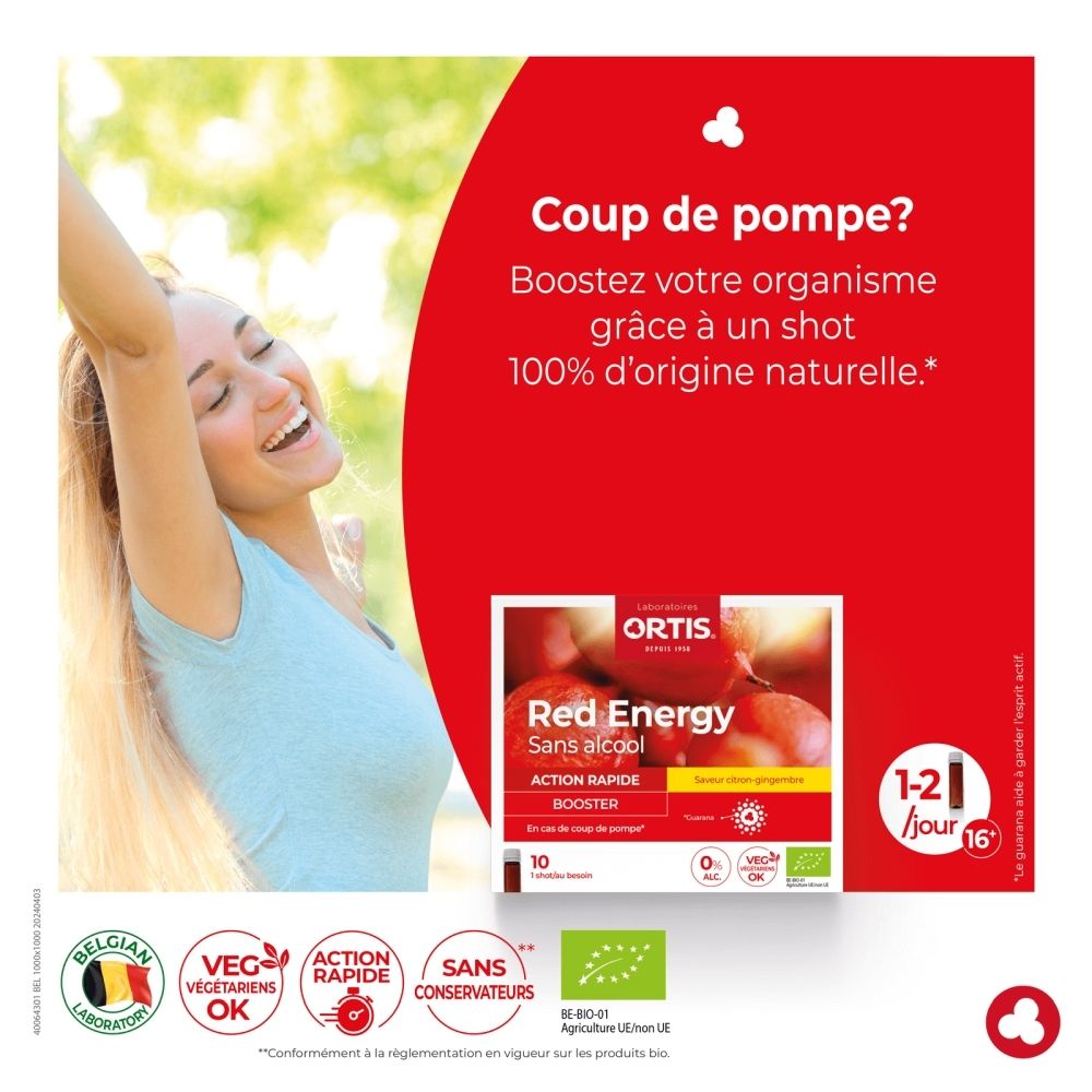 Boîte Ortis Red Energy 10 shots, saveur citron-gingembre, 0% alcool, végétarien.