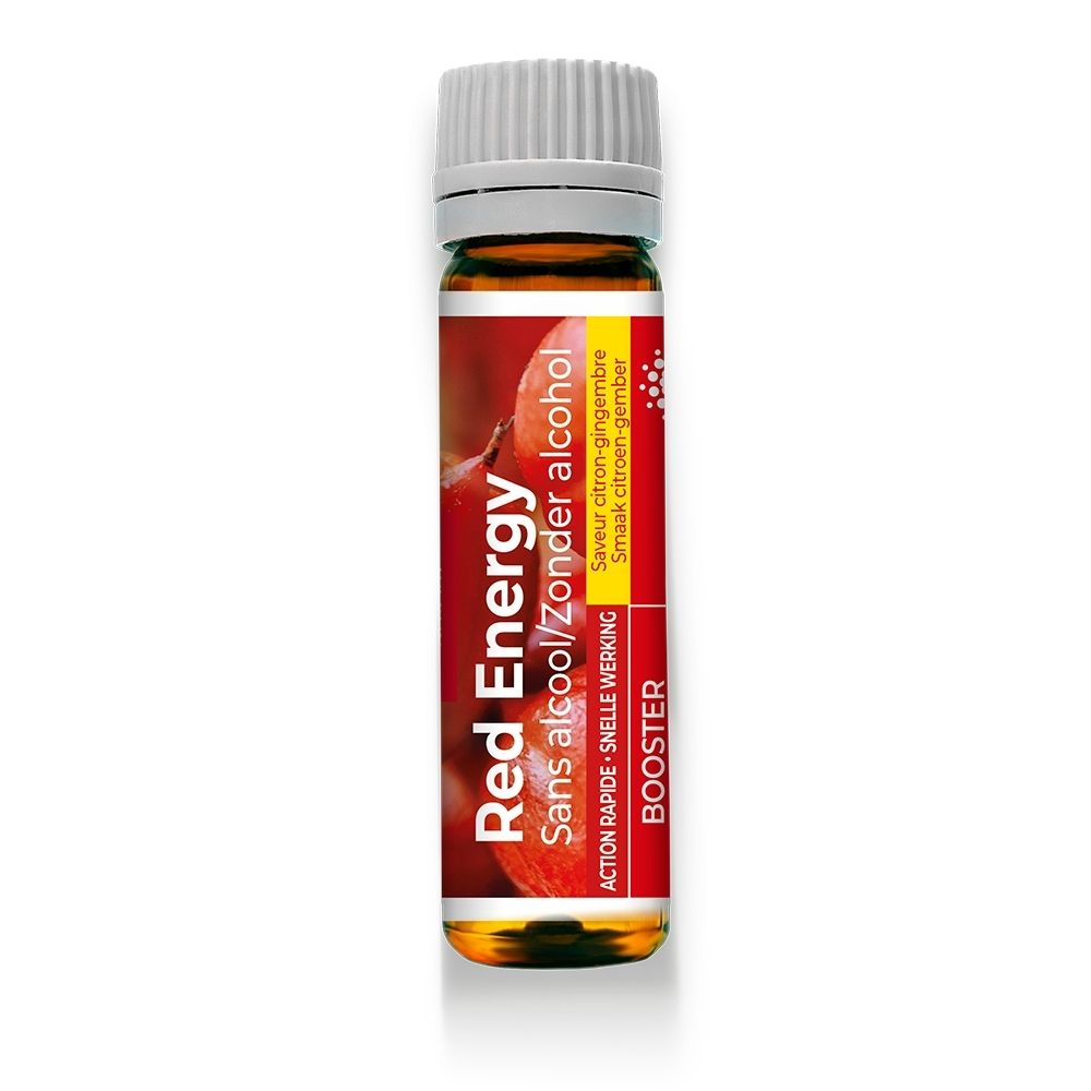 Flacon en verre brun avec bouchon à vis blanc, étiquette avec code-barres et "ENERGY EXPRESS BIO BOOSTER".