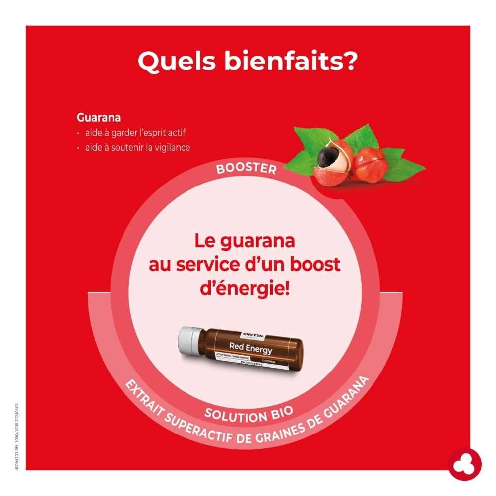 Flacon en verre brun avec bouchon à vis blanc, étiquette avec "15 ml" et "Ortis Red Energy".