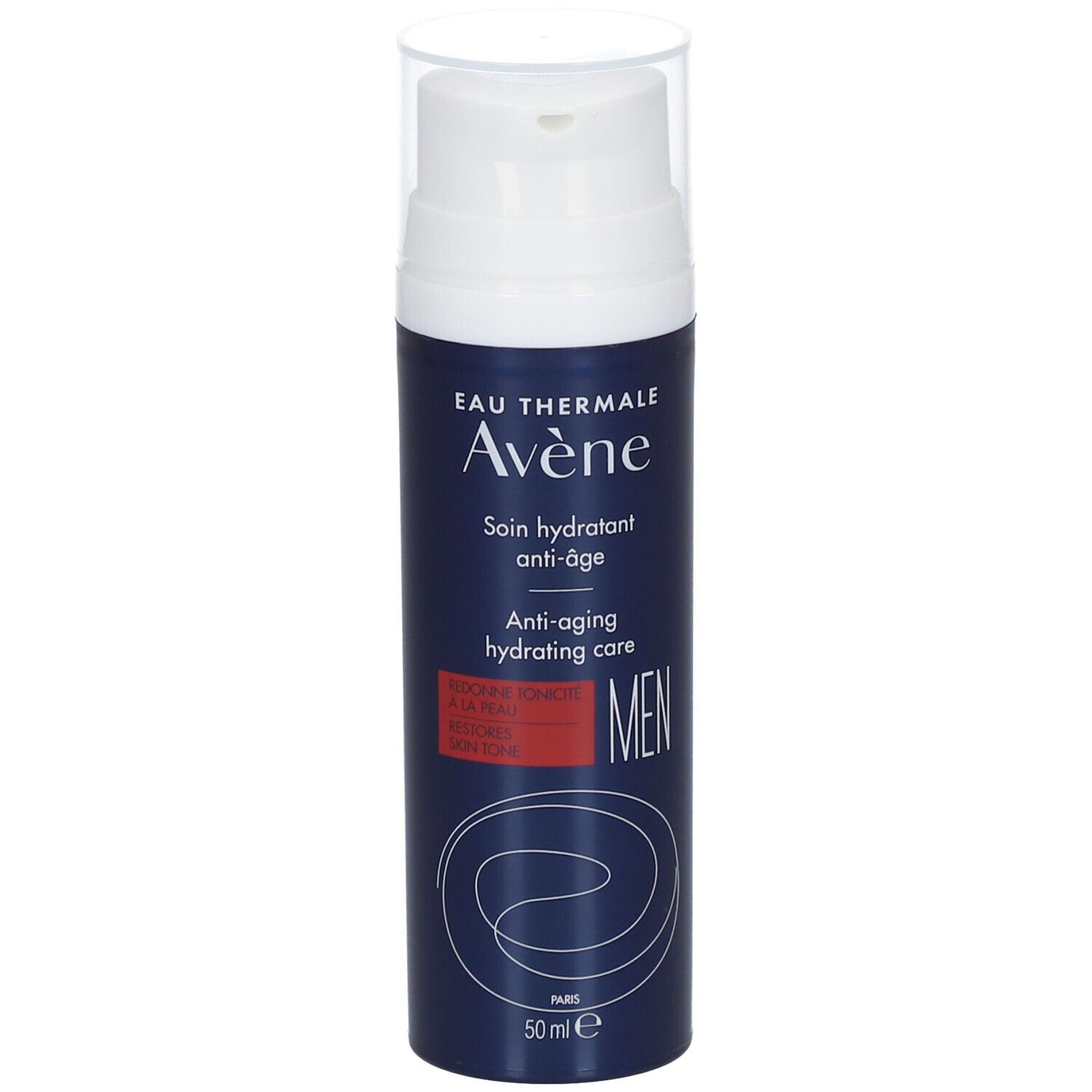 Blauwe Flasche mit weißem Pumpkopf. Aufschrift: Eau Thermale Avène, Anti-Aging Hydratationspflege für Männer.