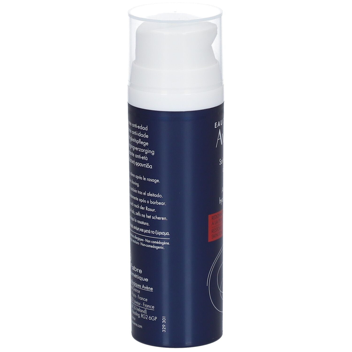 Blaue Flasche mit weißem Pumpkopf. Text in verschiedenen Sprachen. Pierre Fabre Logo und Informationen.