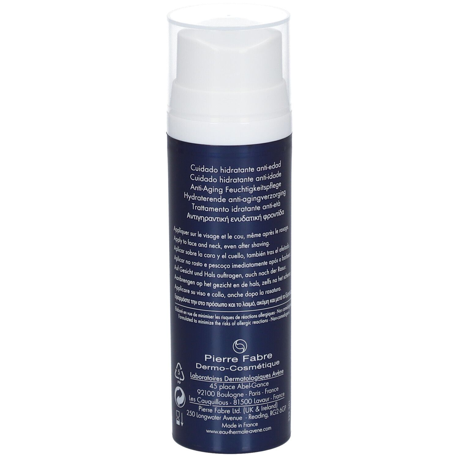 Blaue Flasche mit weißem Pumpkopf. Rückseite mit Text in verschiedenen Sprachen. Pierre Fabre Logo.