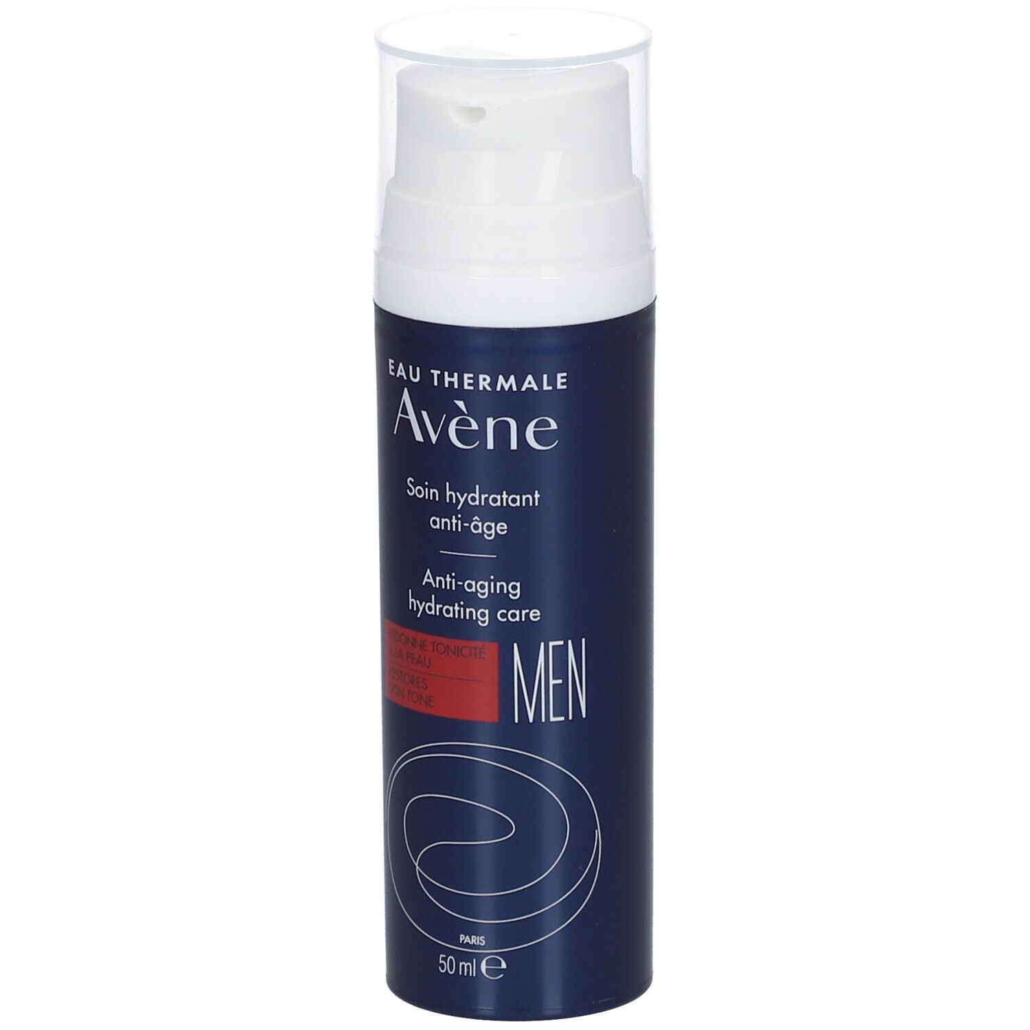 Blaue Flasche mit weißem Pumpkopf. Aufschrift: Eau Thermale Avène, Anti-Aging Hydratationspflege für Männer.