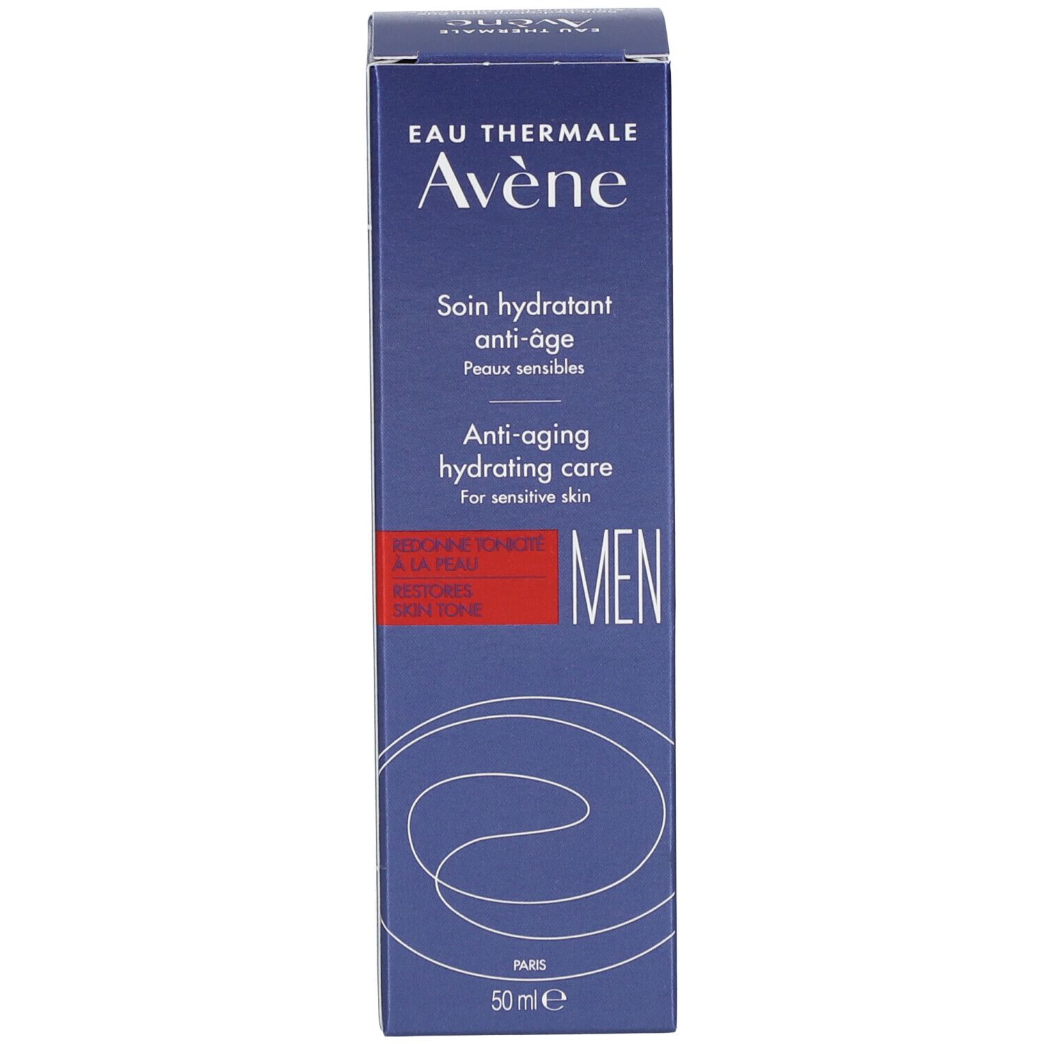 Produktverpackung. Aufschrift: Eau Thermale Avène, Anti-Aging Hydratationspflege für Männer.