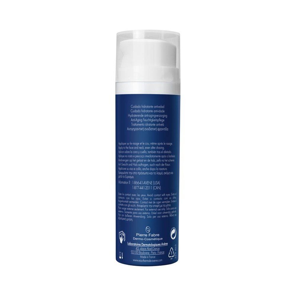 Flacon cylindrique avec bouchon blanc. Texte multilingue. Logo Pierre Fabre et symboles de recyclage.