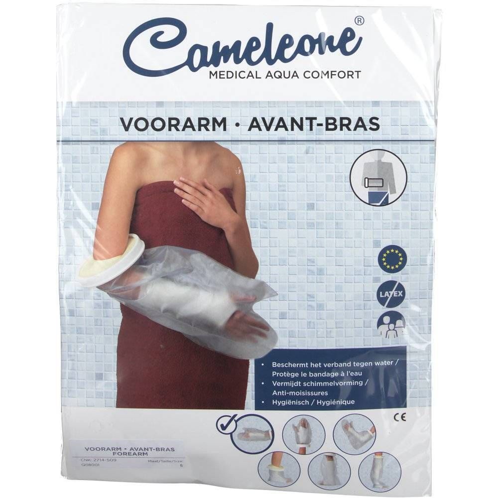 Transparentes Cameleone Aquaprotection für den Unterarm. Verpackung mit Produktabbildung und Text. Latex-Kennzeichnung.