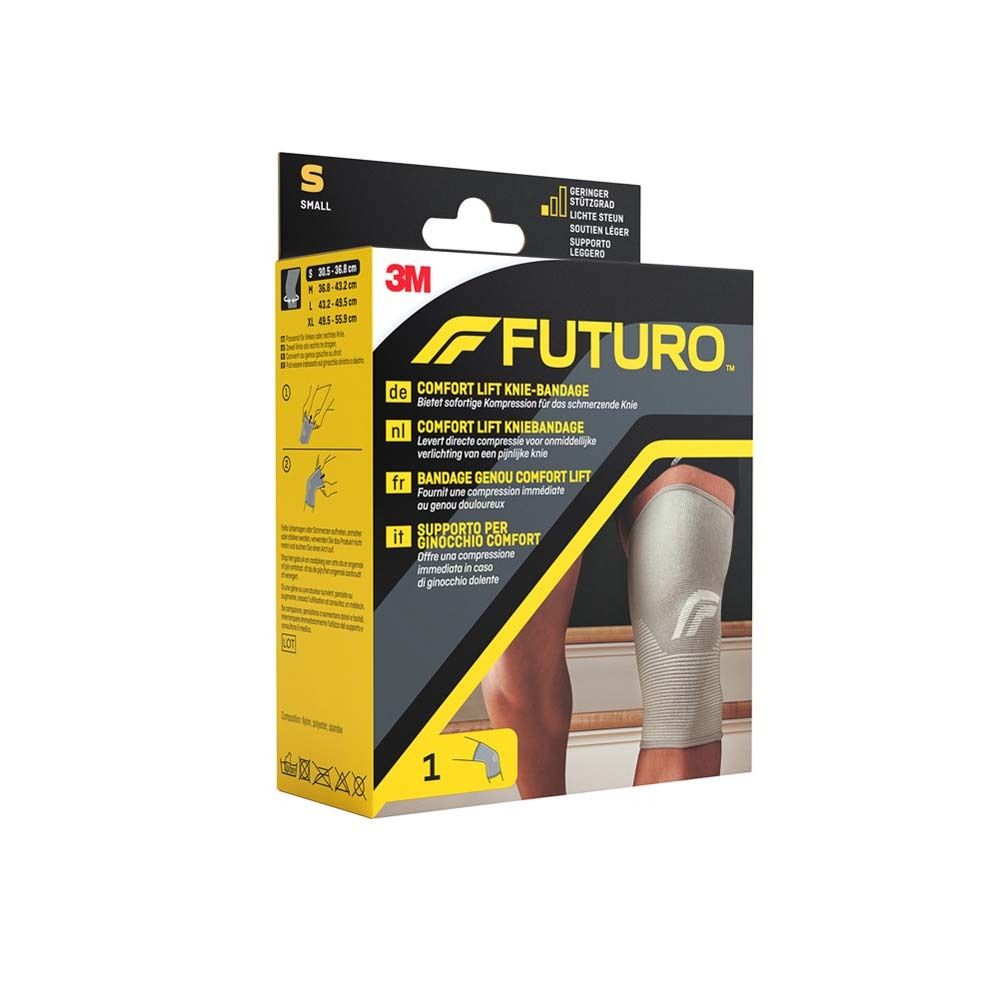 3M FUTURO Comfort Lift Knieschoner, Größe S, in Verpackung. Produktansicht mit Bein. Schwarze Verpackung.