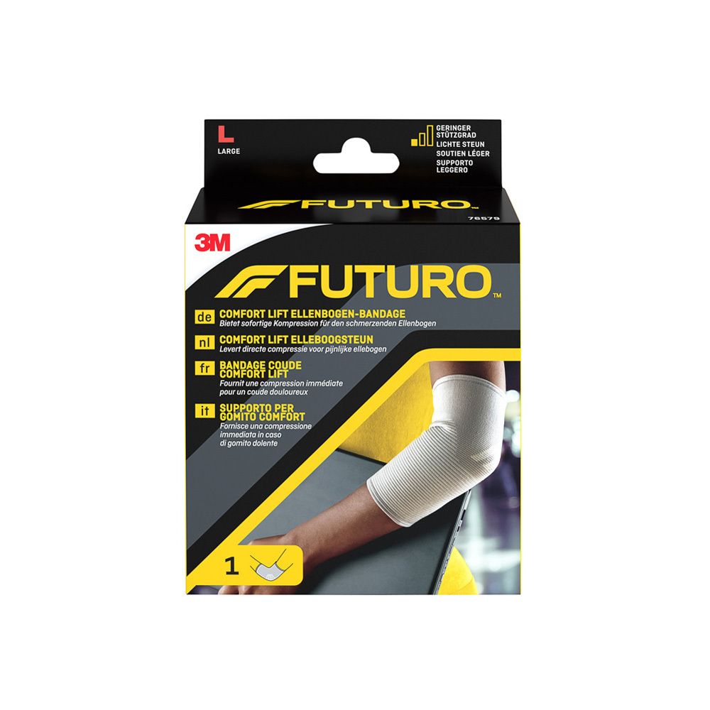 Bandage coude Comfort Lift Futuro™, taille L. Boîte noire avec image du produit et texte multilingue.