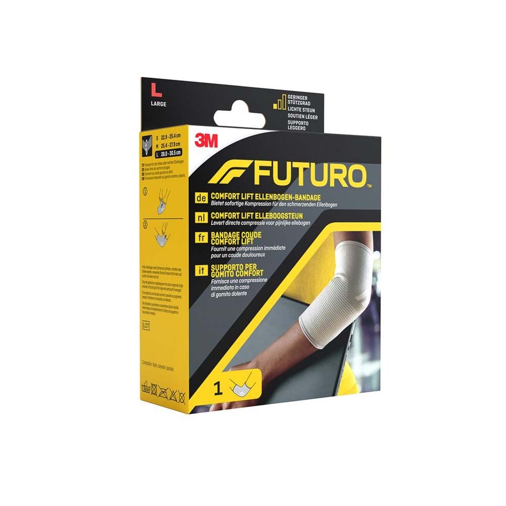Futuro Comfort Lift Ellenbogen-Bandage. Schwarze Verpackung mit Produkt und Arm. Größenangaben.