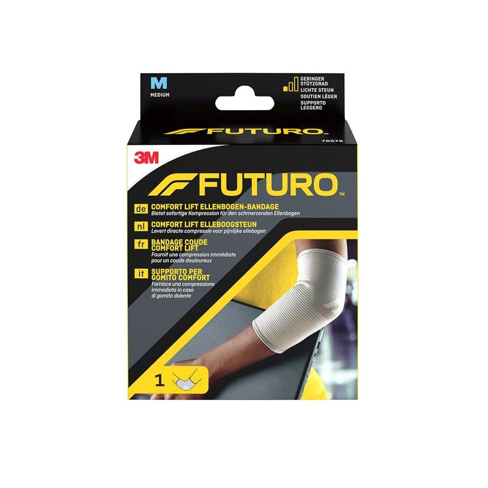 FUTURO™ Comfort Lift Ellenbogen-Bandage. Weiß, Größe M. Verpackung mit Bandage und Produktnamen.
