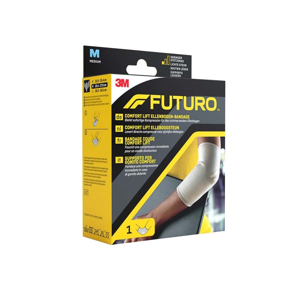 FUTURO™ Comfort Lift Ellenbogen-Bandage, Größe M. Verpackung mit Produktname, Bandage und Größenangaben.
