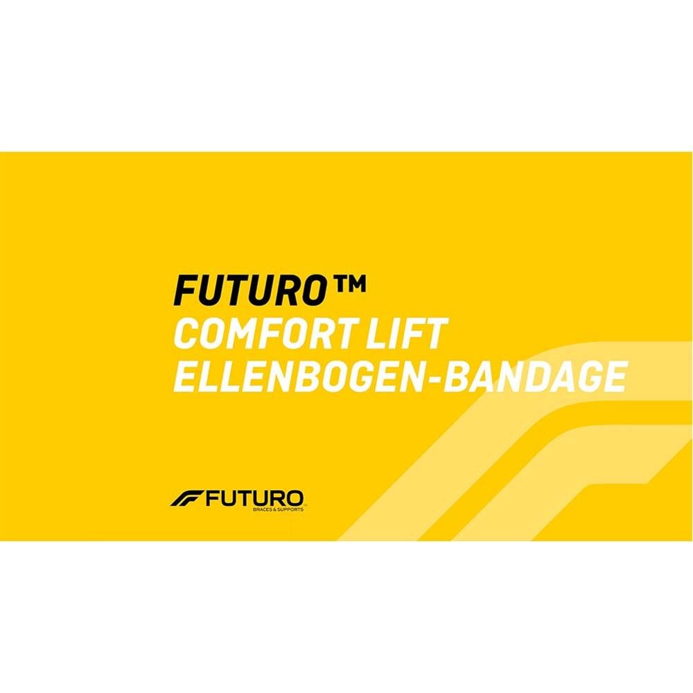 FUTURO™ Comfort Lift Ellenbogen-Bandage. Detailansicht der Bandage. Größenangabe M. Text in Deutsch, Niederländisch, Französisch, Italienisch.