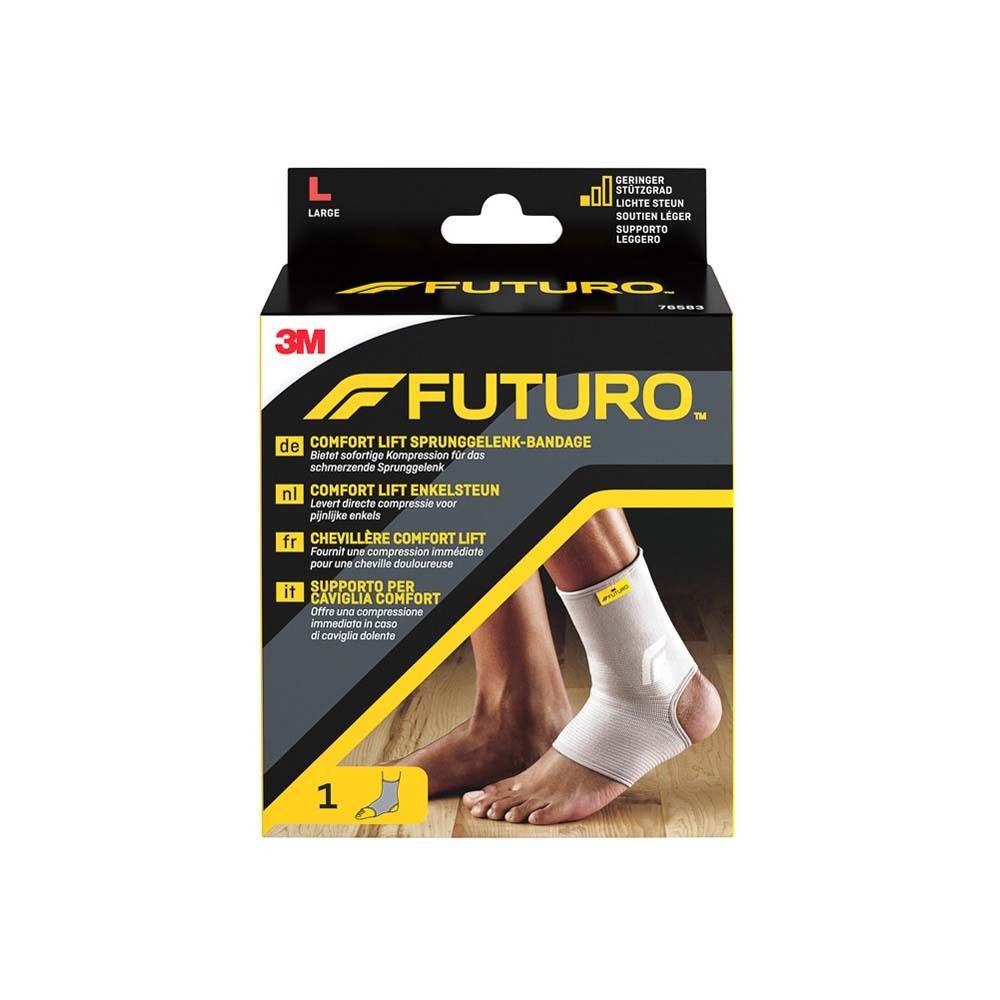 3M FUTURO Comfort Lift Knöchelbandage, Größe L. Verpackung zeigt Produkt und Fuß. Aufschrift: FUTURO, L.