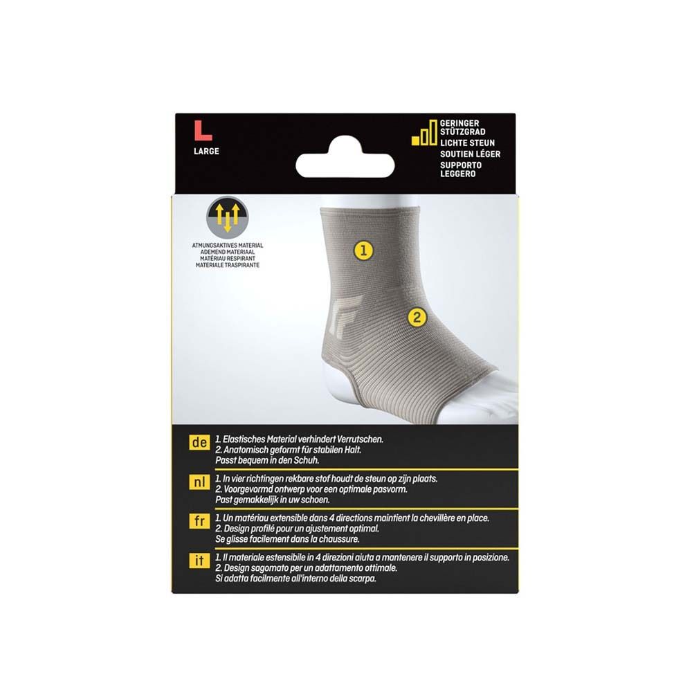 3M FUTURO Comfort Lift Knöchelbandage, Größe L. Rückseite der Verpackung. Produktabbildung mit Beschriftungen.