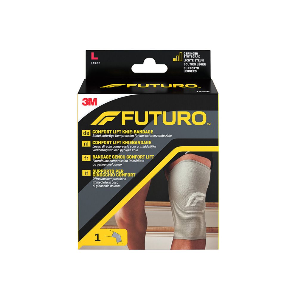 Bandage genou Comfort Lift FUTURO, taille L. Emballage avec image du produit. Logo 3M et nom du produit visibles.