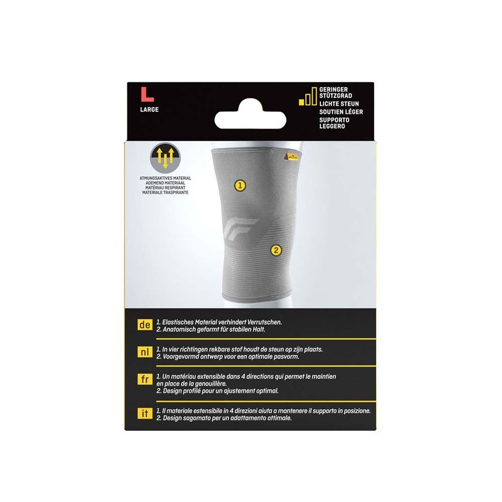 Rückseite der 3M FUTURO Comfort Lift Knie-Bandage, Größe L. Bandage auf dem Bein. Graue Bandage mit gelben Markierungen.