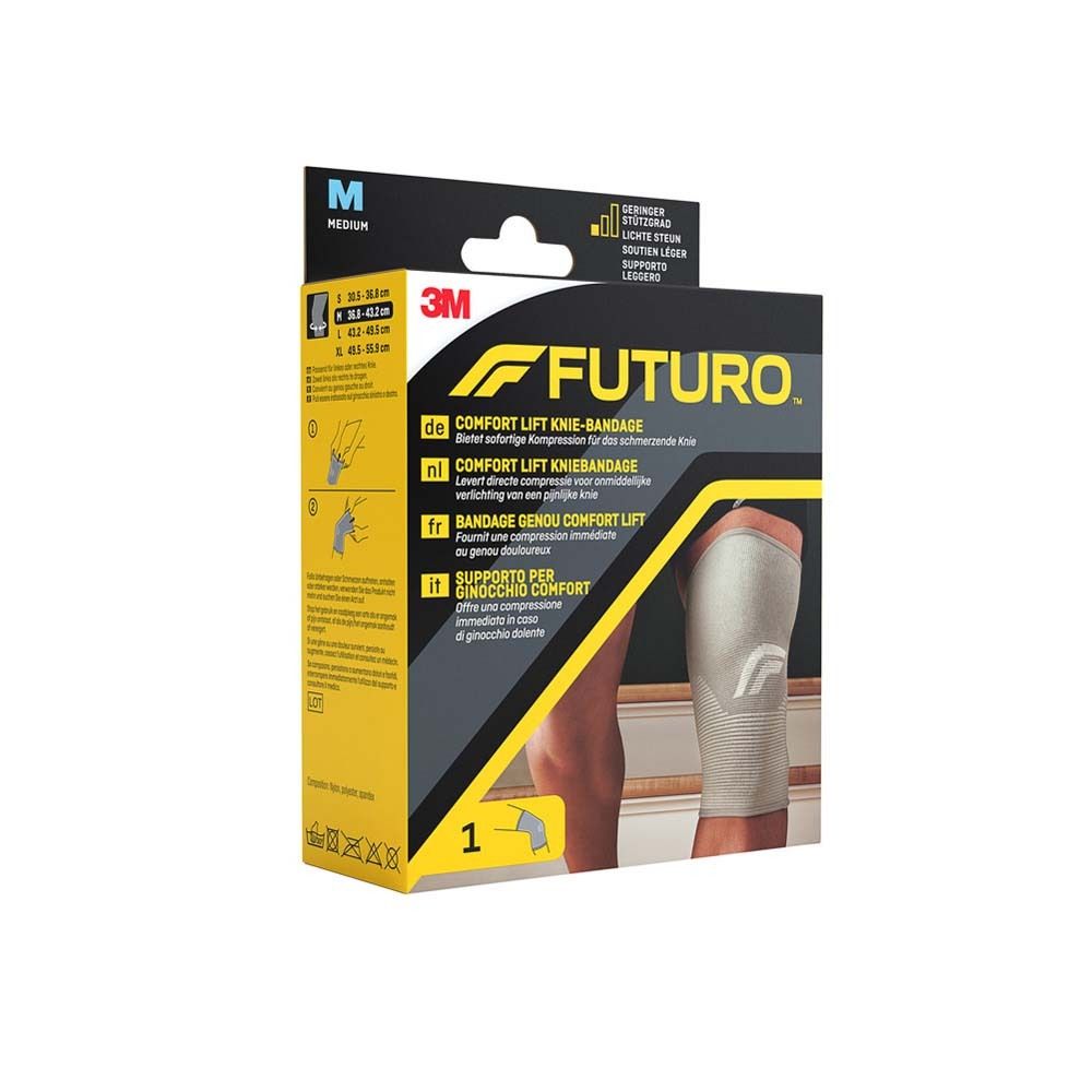 3M FUTURO™ Comfort Lift Kniestütze, Größe M. Verpackung zeigt Kniestütze und Größenangaben.