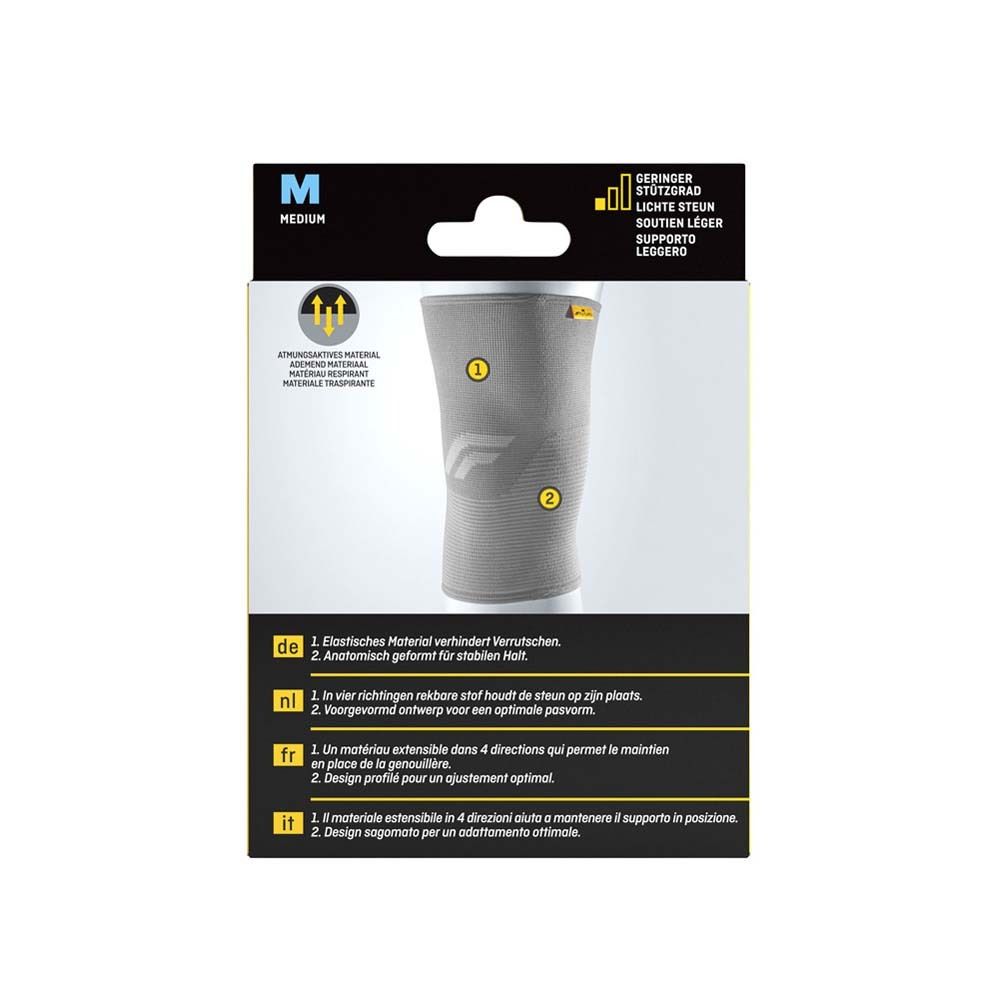 3M FUTURO™ Comfort Lift Kniestütze. Rückseite zeigt Details. Graue Kniestütze mit Logo.