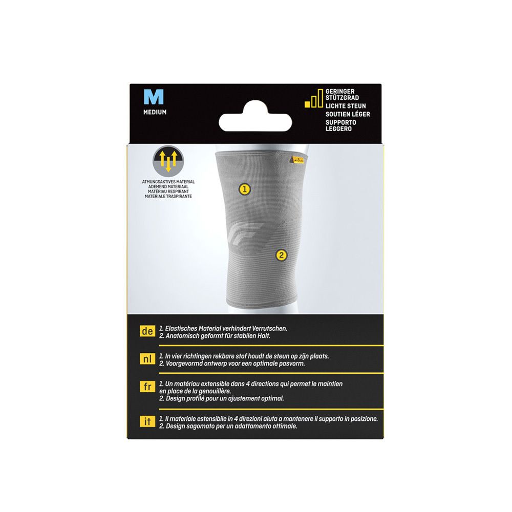 3M FUTURO™ Comfort Lift, taille M. Genouillère grise avec marquages jaunes et texte.